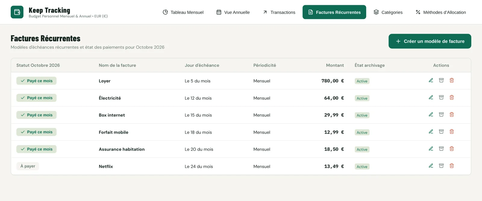 La liste des factures récurrentes